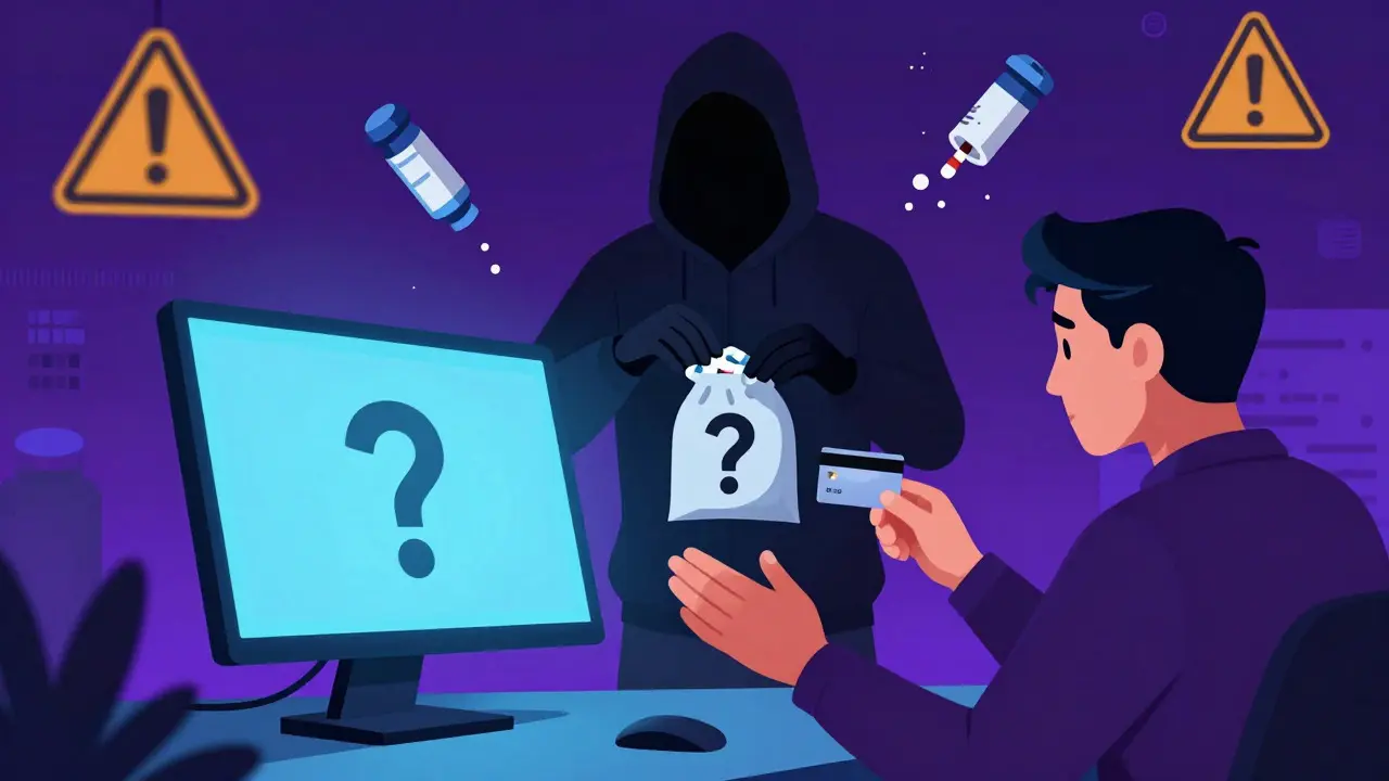 Shadowy figure selling pills through a computer screen to a cautious buyer in a digital space