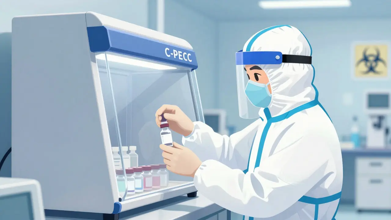 Technician in PPE handling hazardous drugs in a containment cabinet