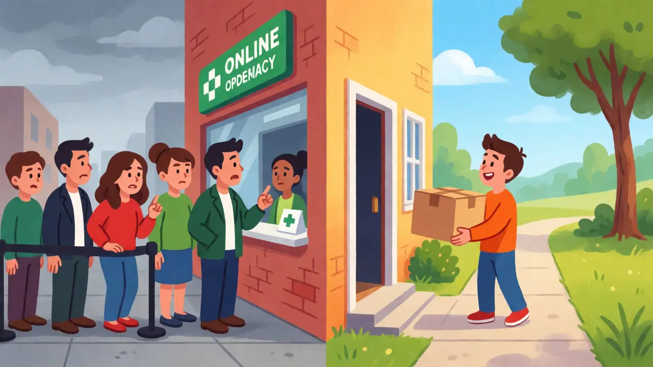 Comparison of busy pharmacy queues versus easy home delivery.