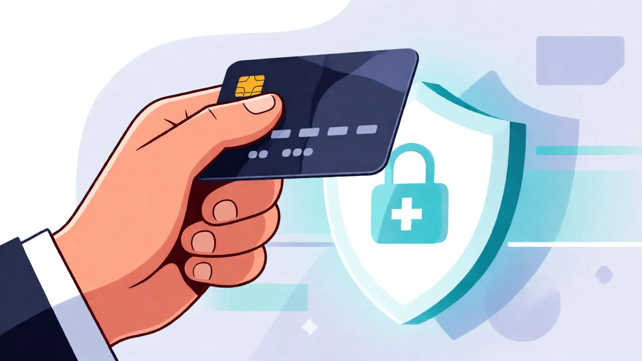 Hand holding a card near a digital security shield for safe payments.